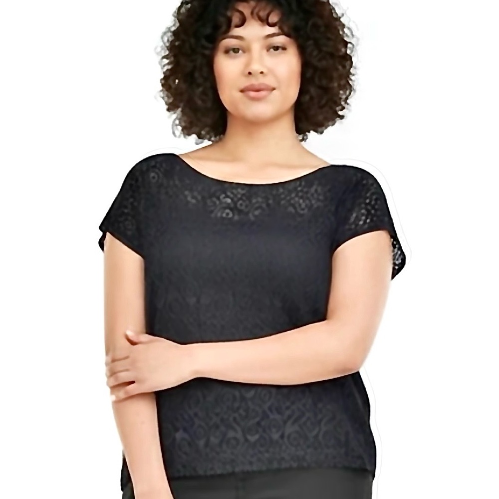 Alfred Dunner Women’s Black Floral Lace Overlay Short Sleeve Top Size M NWOT